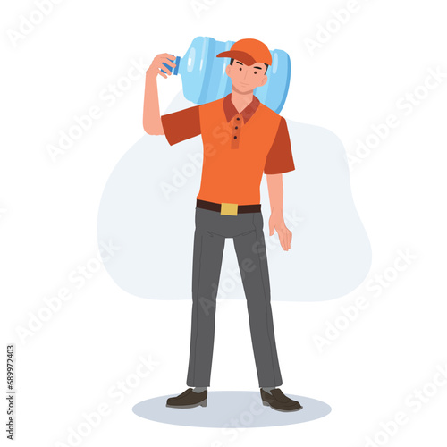 Water Delivery Service by a Male Courier. Man Carrying Big Water Bottle