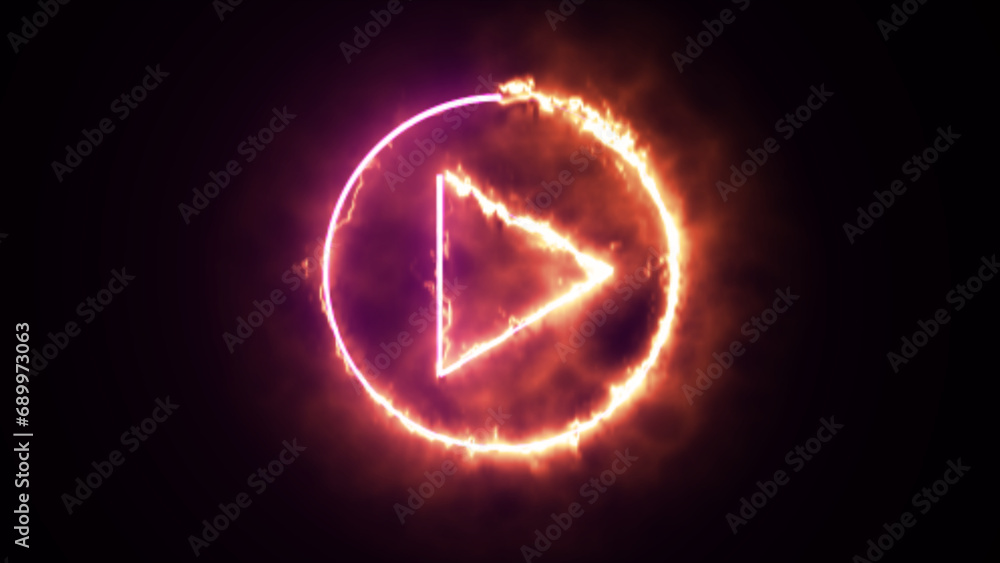 multi color play button on black background. Start button. Neon glowing play button with neon circle. Play button icon. Neon shine play button. 3d rendering - illustration.