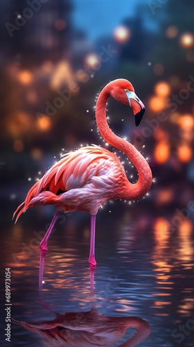 Graceful Pink Flamingo in Water with Colorful Feathers and Reflection