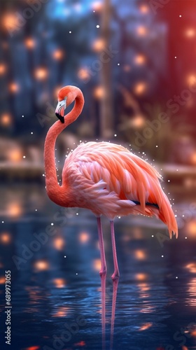 Graceful Pink Flamingo in Water with Colorful Feathers and Reflection © tydeline