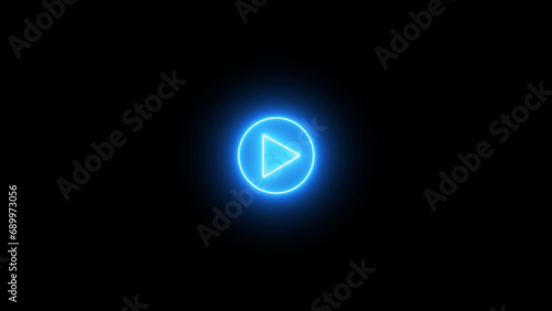 Blue color play button on black background. Start button. Neon glowing play button with neon circle. Play button icon. Neon shine play button. 3d rendering - illustration.