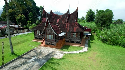 aerial view of the natural atmosphere of West Sumatra with the Minangkabau traditional house (rumah gadang) photo