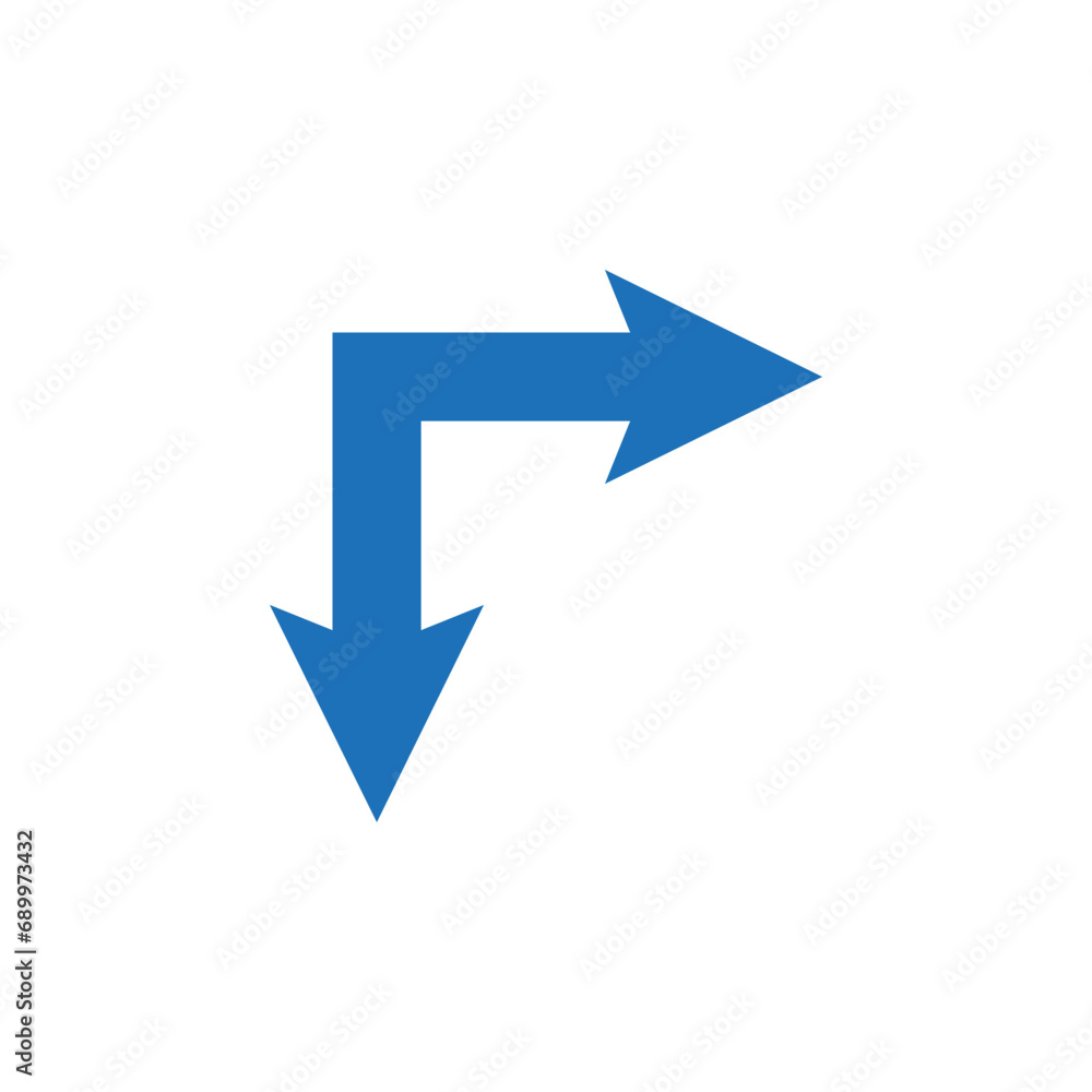 Double ended blue arrow. Dual sided arrow. Corner wide shape. Vector illustration and symbol. Double ended blue arrow. Dual sided arrow. Corner wide shape. Vector illustration and symbol.