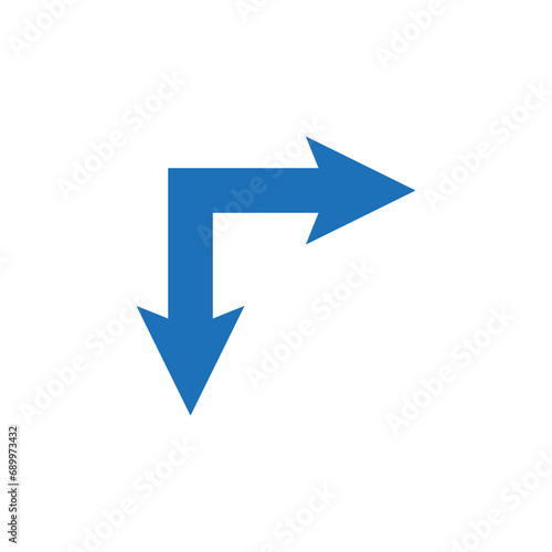 Double ended blue arrow. Dual sided arrow. Corner wide shape. Vector illustration and symbol.