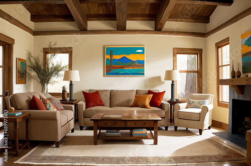 Modern interior den space with living room couches and desert southwest decor