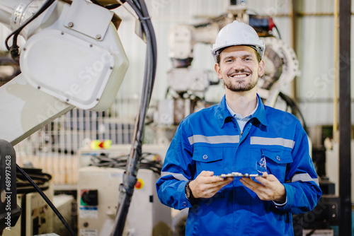 Foto portrait happy smiling engineer service staff worker in robotic workshop robot arm plant assembly industry