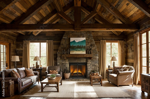 Interior of a Log Cabin living room with decor and a roaring fire