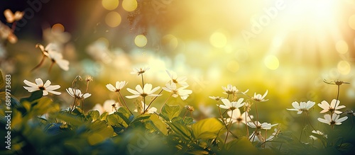 The flowers are blooming beautifully amid green nature and a shining sun.