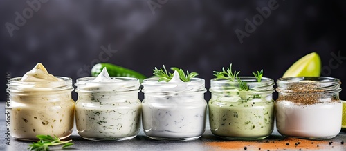 Assorted small jars of homemade ranch dressing with avocado, herbs, and hot pepper. photo