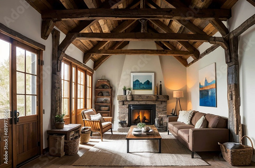a-frame log cabin interior with a roaring fire and leather chairs and couch