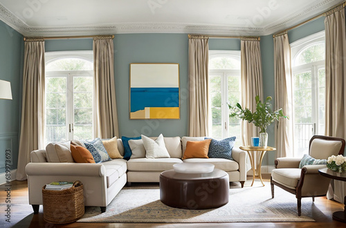 L-shaped cream couch in a blue wall living room den with tall windows and cream curtains