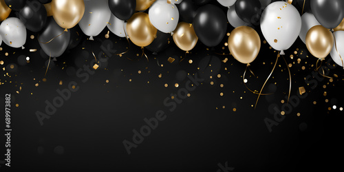  Black and gold balloon background beautifully arranged for party decorations banners  Anniversary, birthday, and party  background with balloons, confetti, sparkles, lights. banner for birthday,   photo
