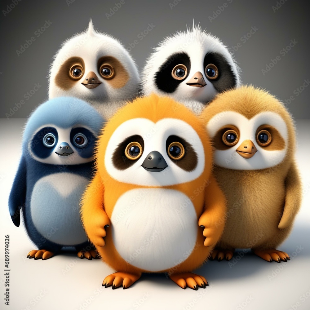 Fototapeta premium furry character, part sloth, part panda and part penguin, big eyes, cute, mascot