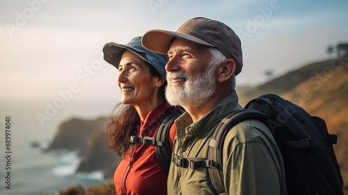 Elderly couple hiking exploring in the breathtaking Pacific coast, Generative AI.
