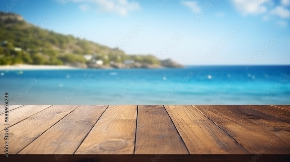 Empty wooden table for and products display with a blurry ocean backdrop, Generative AI.