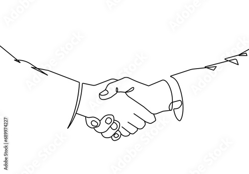 Handshake Continuous One Line Drawing. Business Partnership Concept in Linear Minimal Style. Hands Deal Symbol Line Illustration. Business Concept Abstract Minimalist Contour Drawing. Vector EPS 10