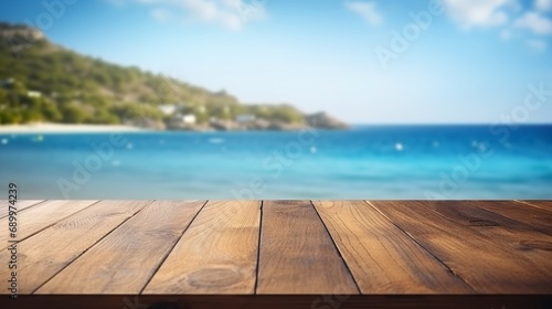 Empty wooden table for and products display with a blurry ocean backdrop, Generative AI.