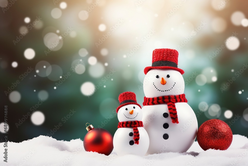 Christmas card design with snowman and fir tree with red Christmas balls, copy space with generative ai Christmas card design with snowman and fir tree with red Christmas balls, copy space with generative ai