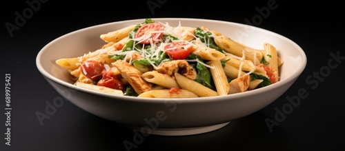 Penne pasta with spinach, tomatoes, chicken, topped with parmesan and parsley.