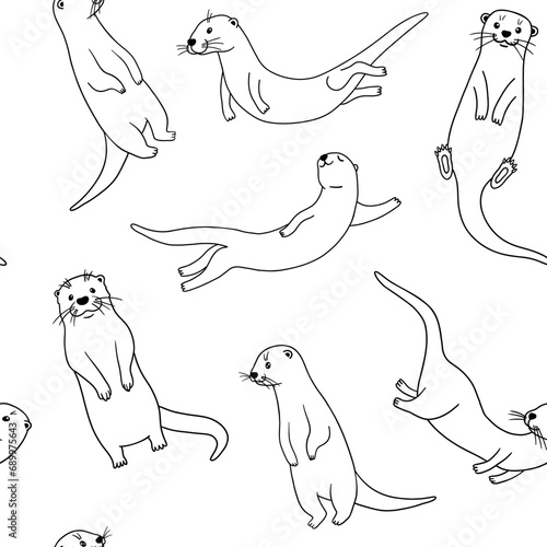 Cute otters in different actions, vector outline illustrations isolated on white background. Otters swimming and standing.