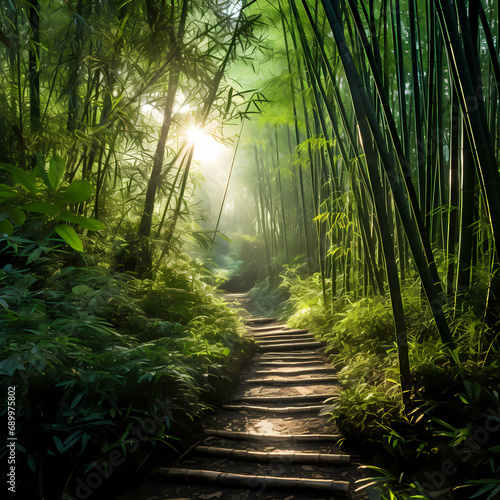 A sunlit path through a dense bamboo forest.