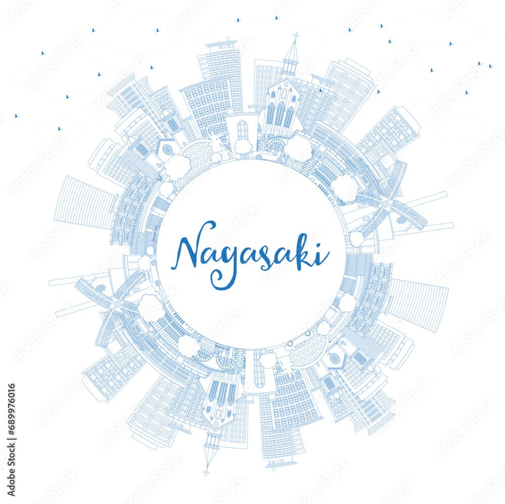 Outline Nagasaki Japan City Skyline with Blue Buildings and Copy Space. Nagasaki Cityscape with Landmarks. Business Travel and Tourism Concept with Historic Architecture.