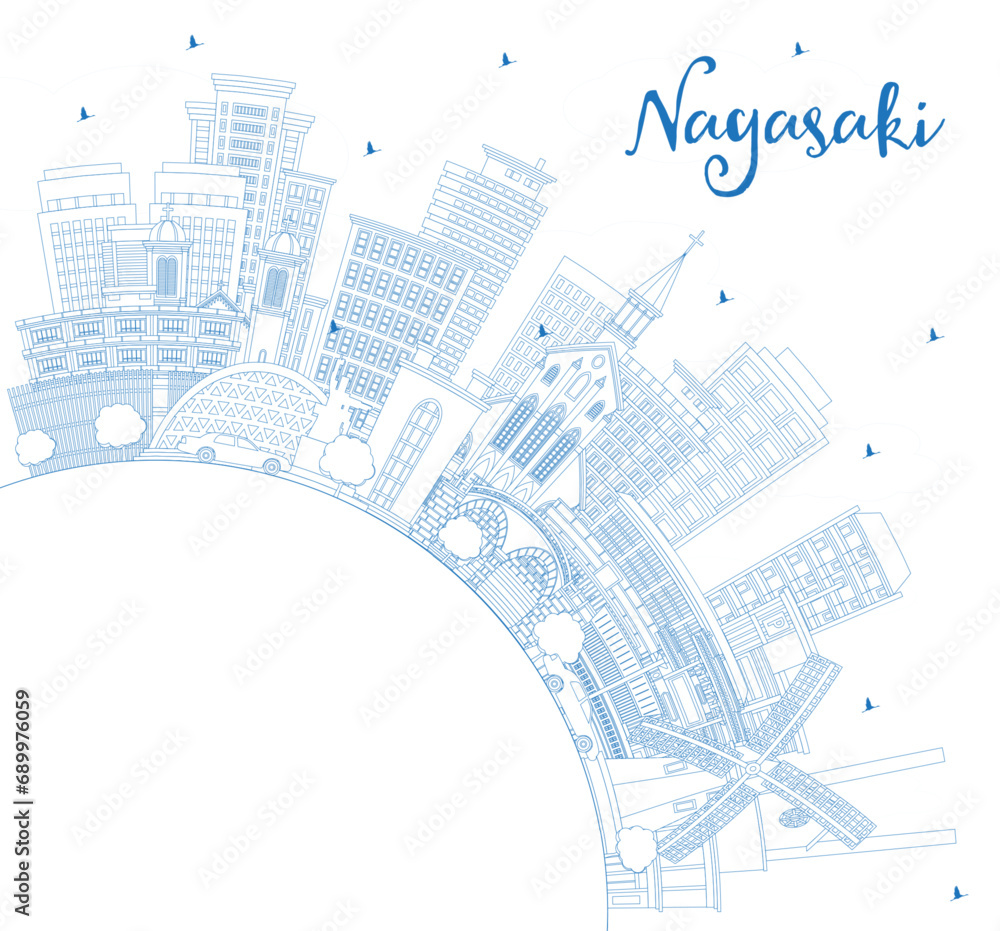Outline Nagasaki Japan City Skyline with Blue Buildings and Copy Space. Nagasaki Cityscape with Landmarks. Business Travel and Tourism Concept with Historic Architecture.