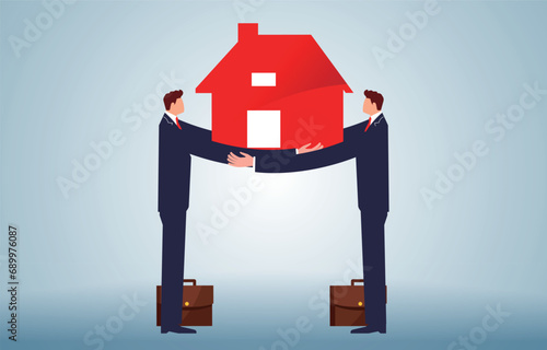 Protecting the Real Estate Industry, Supporting and Protecting Real Estate Development, Real Estate Insurance, Two Businessmen Stretching Out Their Arms to Protect Their Houses