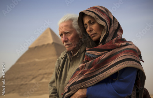 Contemplative Moments: Senior Couple Wrapped in Reflection at Giza