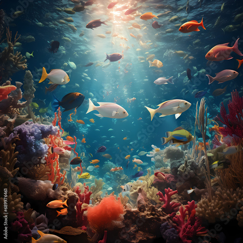 A surreal underwater scene with vibrant coral reefs