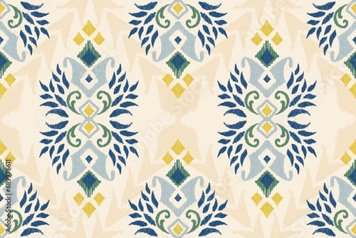 Ikat floral paisley embroidery on cream background.Ikat ethnic oriental seamless pattern traditional.Aztec style abstract vector illustration.design for texture,fabric,clothing,wrapping,decoration.