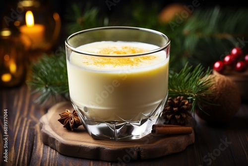 Christmas eggnog with ingredients on dark wooden table, Generative AI