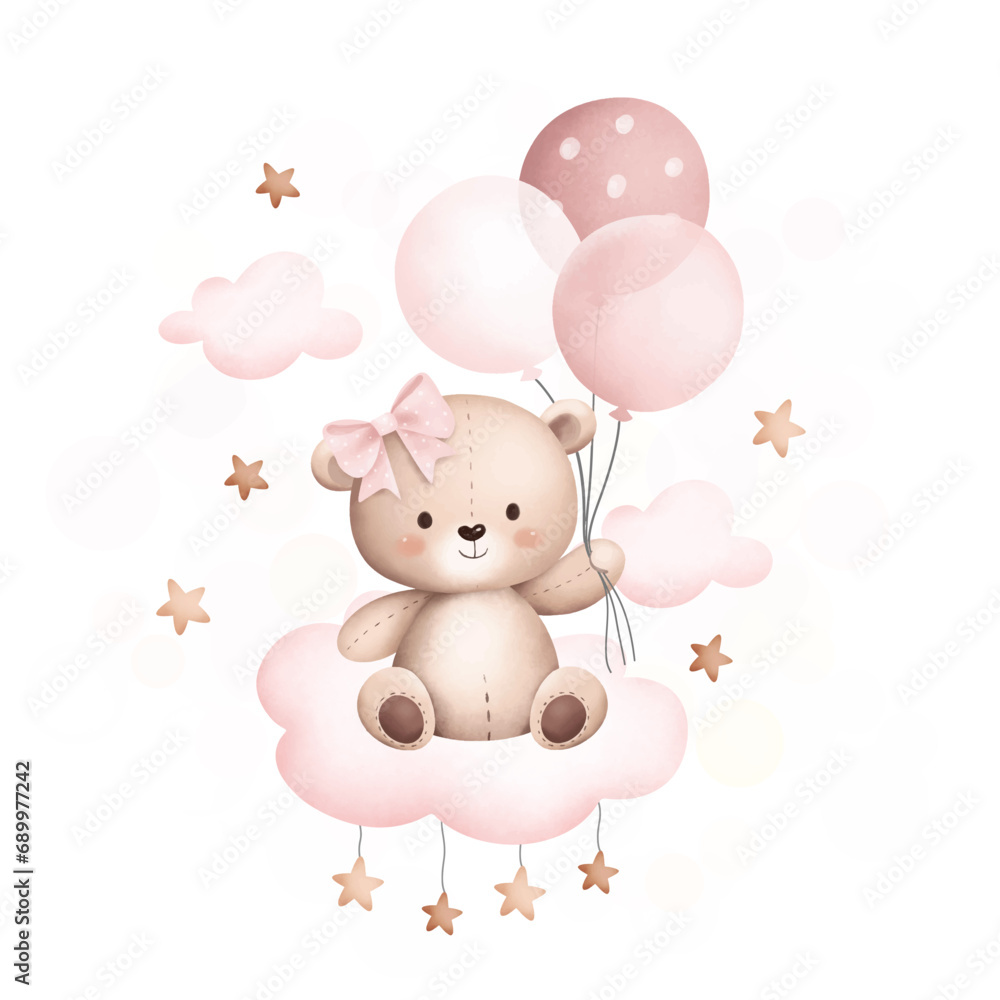 Watercolor Illustration cute teddy bear sits on the cloud with balloons3 Watercolor Illustration cute teddy bear sits on the cloud with balloons3