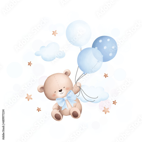 Watercolor Illustration cute teddy bear flying with balloons