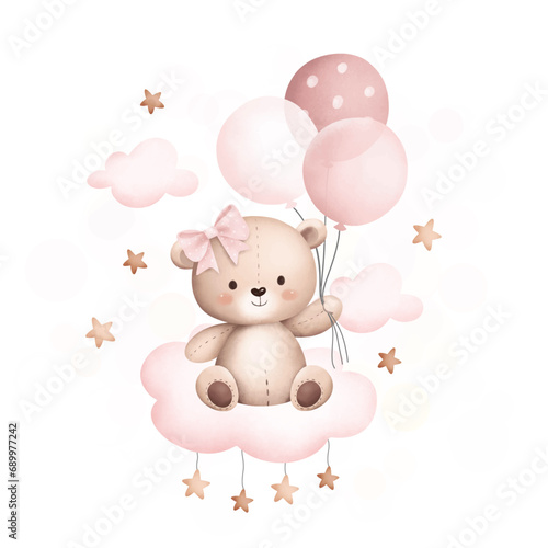 Watercolor Illustration cute teddy bear sits on the cloud with balloons3