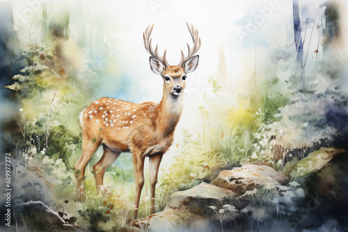 Watercolor deer background picture, picture used for decoration. © Gun