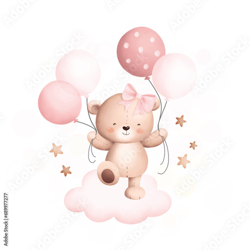 Watercolor Illustration cute teddy bear on the cloud with balloons