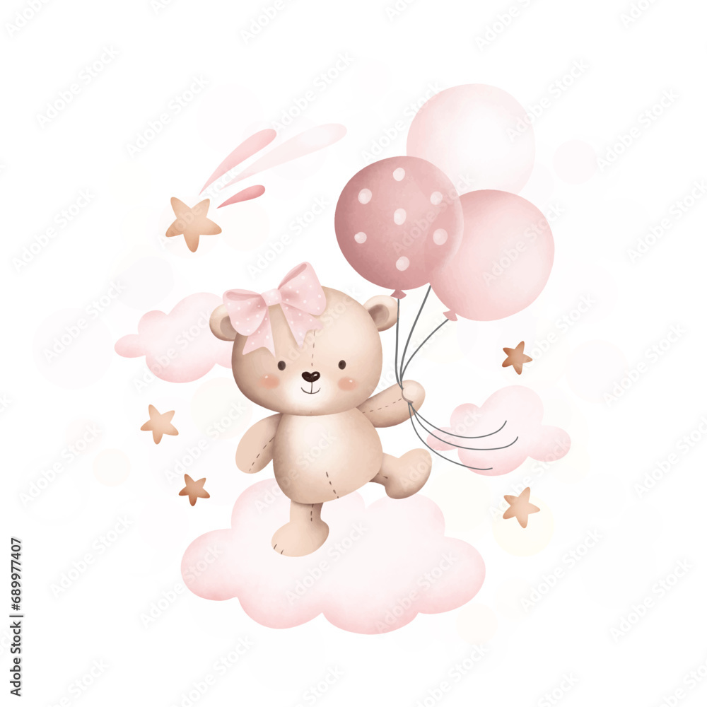 Watercolor Illustration cute teddy bear on the cloud with balloons