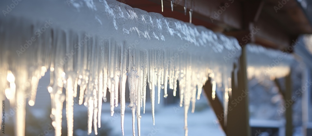 Fototapeta premium Potential ice blockage damage to rain gutters.