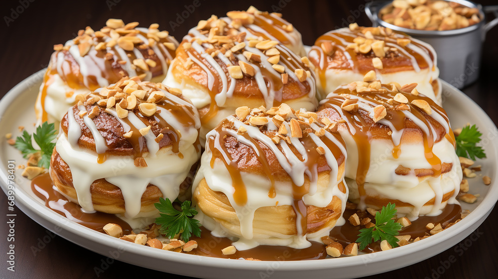 Stack of pancakes with honey syrup on a dark background.