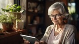 Senior woman using a digital tablet at home. Ai generative