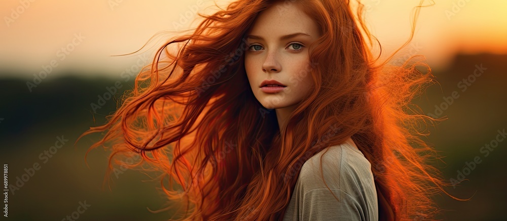 Romantic girl embracing nature with beautiful red hair, captured in a warm-toned, artistic portrait during sunset. Romantic girl embracing nature with beautiful red hair, captured in a warm-toned, artistic portrait during sunset.
