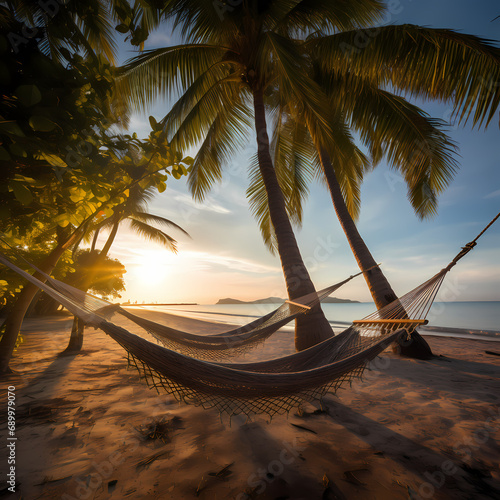 A tropical paradise with hammocks between palm trees © Cao