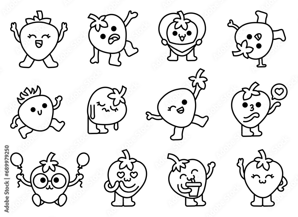 Kawaii strawberry character Coloring Page Cute cartoon fruit Hand