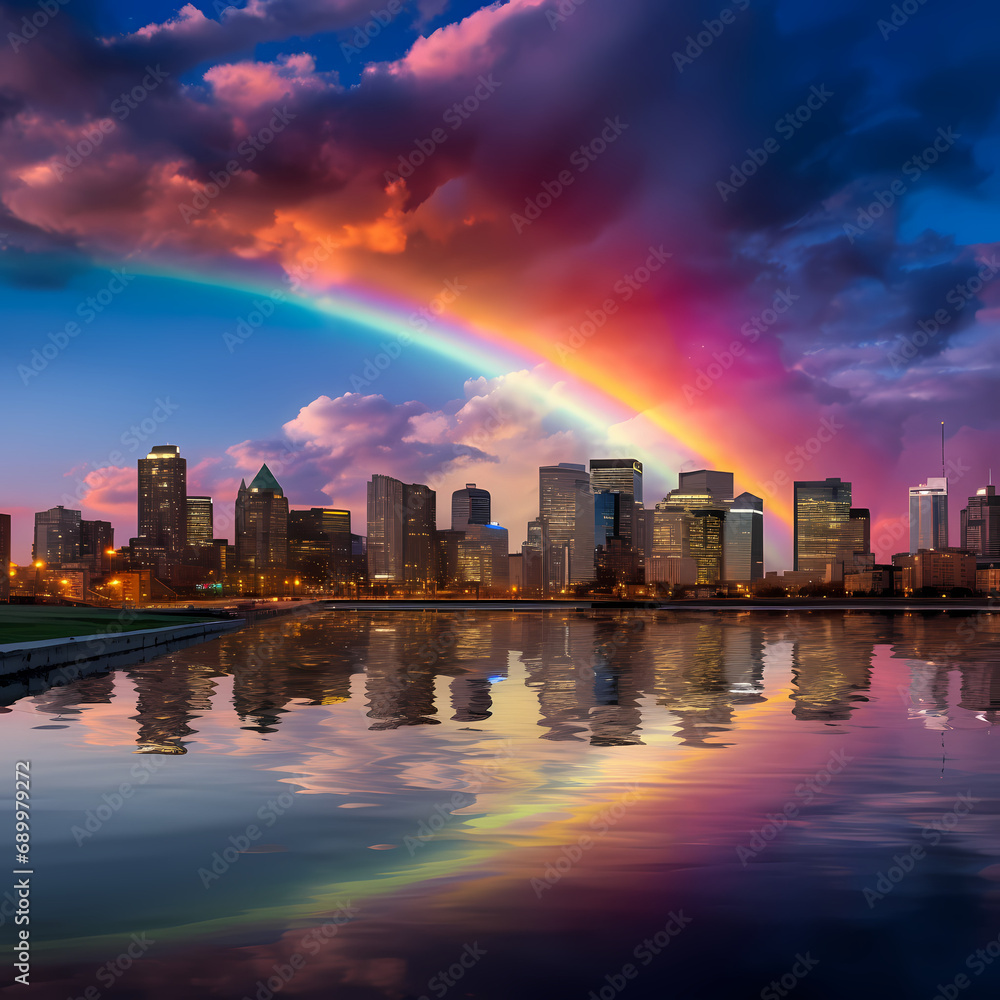 A vibrant rainbow over a city skyline at dusk.