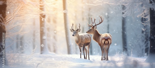 Noble male and female deer in beautiful snowy forest. Wintry artwork. Christmas scene. © 2rogan