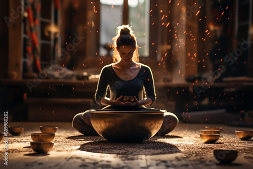 woman meditative sound healing practice