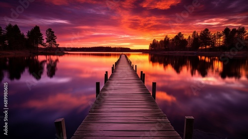 A serene view of a sunset over a calm lake with a wooden dock extending into the water