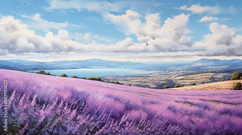 A purple lavender field, with white blue sky and white clouds in the distance