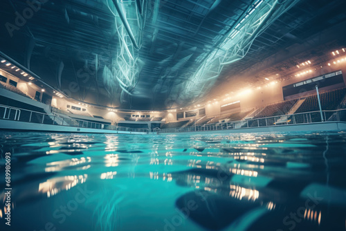 Wide angle shot of a perfect swimming pool with no people at a sporting event.